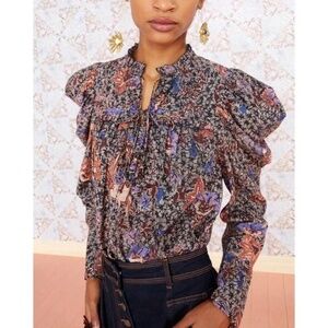 Ulla Johnson Remy Puff Sleeve Blouse Tie Front Black Purple Sunburst Floral 4